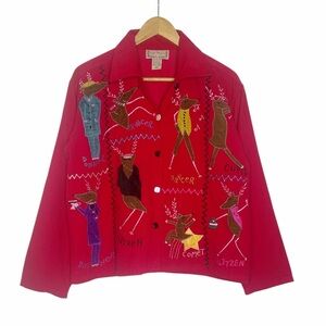 Vintage Corduroy Santa Reindeer Holiday Blouse Christmas Shirt Size S Life Style